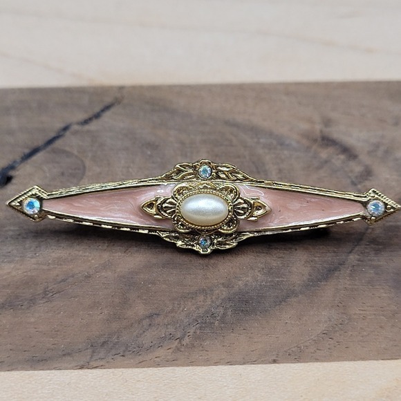 1928 Jewelry - 1928 Signed Victorian Revival Bar Brooch Pin Pink Enamel Faux Pearl Blue Glass